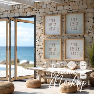 Beach House Frame Mockup Set of 4 Coastal House Entryway Square Frame Artwork Display Stock Photo Digital Print & Poster Mockup PSD PNG