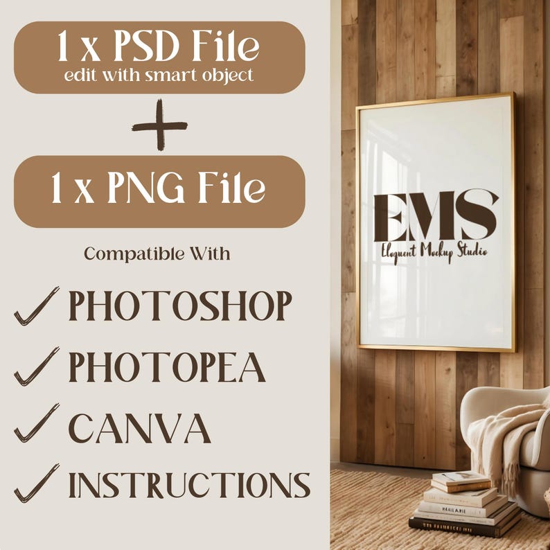 Op de afbeelding: Een mockup-sjabloon met een ingelijste poster met de tekst "EMS Eloquent Mockup Studio" op een houten muur. Het sjabloon bevat 1 PSD-bestand en 1 PNG-bestand, compatibel met Photoshop, Photopea en Canva. Instructies zijn inbegrepen.