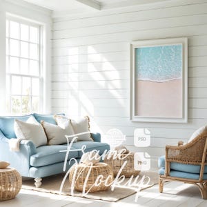 Frame Mockup Boho Beach House Living Room Beach House Mock Up Coastal House Wooden Frame Stock Photo Digital Print Poster Mockup PSD PNG