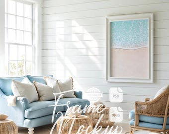 Boho Beach House Frame Mockup: Coastal Wall Art Print Poster Mockup (PSD, PNG)