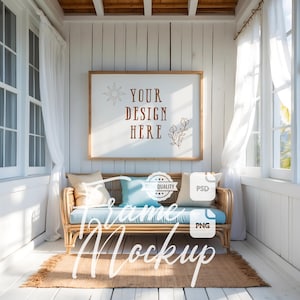 Horizontal Frame Mockup Beach House Wall Art Mock Up Coastal House Artwork Display Wooden Frame Stock Photo Print & Poster Mockup PSD PNG