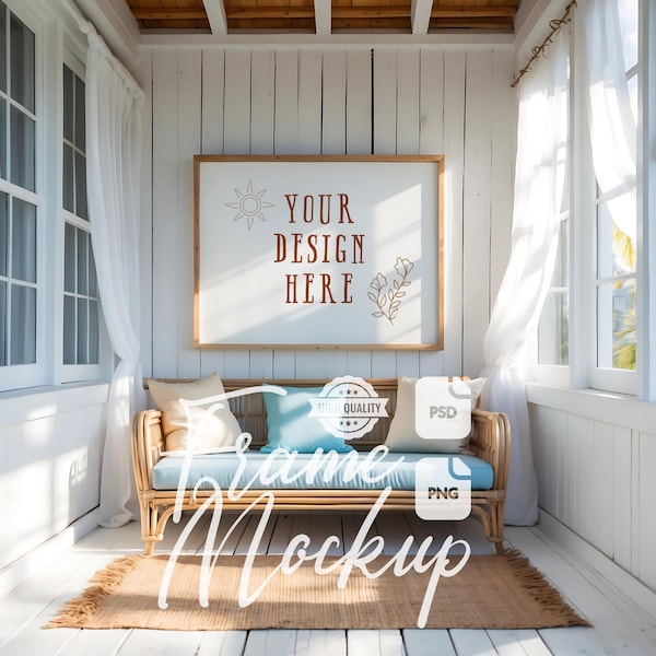 Coastal Wall Art Frame Mockup: Beach House Decor Artwork Display (PSD & PNG)