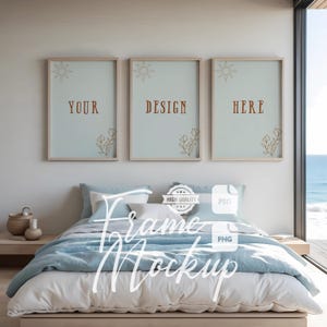 Vertical Beach House Bedroom Frame Mock Up Set of 3 Coastal House Frame Artwork Display Stock Photo Digital Print & Poster Mockup PSD PNG