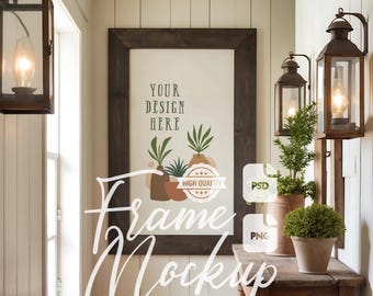 Farmhouse Frame Mockup: Rustic Wooden Entryway Wall Art Mock Up (PSD, PNG)