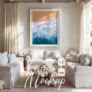 Beach House Frame Mockup Boho Coastal House Living Room Artwork Display Wooden Frame Stock Photo Digital Print & Poster Mockup PSD PNG