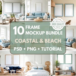 Op de afbeelding: Een mockup-bundel van 10 frames met een kust- en strandthema. De frames bevinden zich in verschillende kamers met witte muren en lichtblauwe meubels. De frames zijn leeg en klaar voor uw ontwerp.
