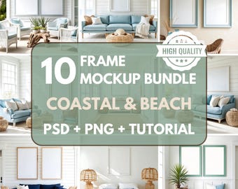 Coastal Frame Mockup Bundle: Beach House Decor, Wall Art Mockup Set (PSD, PNG)
