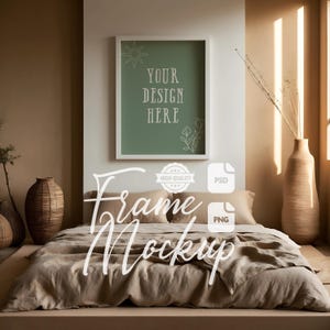 Schlafzimmer Rahmen Mockup Zen Stil Wand Kunst Mock Up Foto Weißer Rahmen Kunstwerk Display Digitaldruck & Poster Mockup PSD PNG