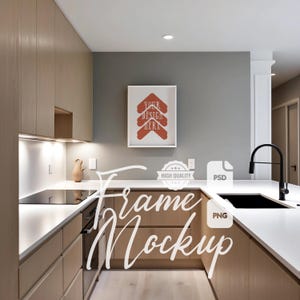 Kitchen Wall Art Mockup Scandinavian Kitchen Decor Mock Up Artwork Display Stock Photo White Frame Digital Print & Poster Mockup PSD PNG