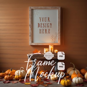 Herbst Rahmen Mockup 4: 5 Wand Kunst Mock Up Herbst Raum Dekor Rustikaler Tisch Kürbisse Blätter Holzrahmen Mockup PSD PNG Druck Poster Vorlage