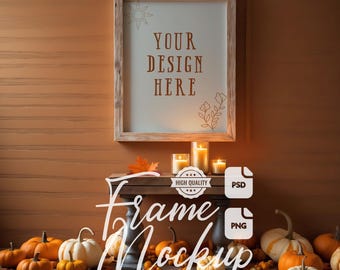 Autumn Frame Mockup, Rustic Fall Decor Halloween Print Poster (PSD, PNG)