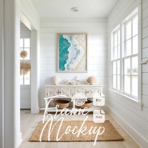 Strandhaus Eingangsrahmen Mockup: Küstenwand Kunst, Druck Poster Mockup (PSD & PNG)