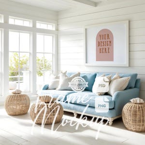 Horizontal Frame Mockup Beach House Living Room Wall Art Mock Up Coastal House Wooden Frame Stock Photo Print & Poster Mockup PSD PNG