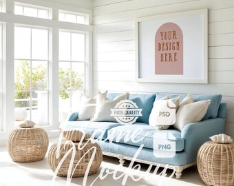Coastal Living Room Wall Art Mockup: Beach House Horizontal Frame Mockup (PSD & PNG)