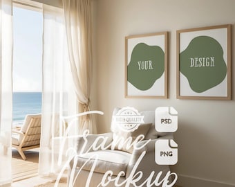 Coastal Frame Mockup Set: Beach House Living Room Artwork Display (PSD & PNG)