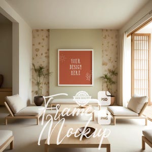 Zen Rahmen Mockup Zen Stil Wohnzimmer Wand Kunst Mock Up Weißer Rahmen Stock Foto Kunstwerk Display Digitaldruck Poster Mockup PSD PNG
