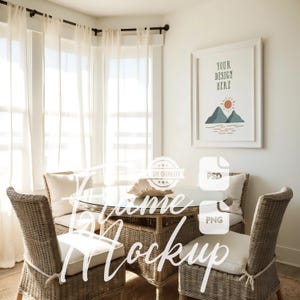 Frame Mockup Vertical Boho Beach House Dining Room Coastal House White Wooden Frame Stock Photo Digital Print & Poster Mockup PSD PNG