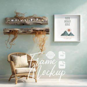 Coastal Frame Mockup Square Wall Art Showcase White Frame Artwork Display Beach House Stock Photo Digital Print & Poster Mockup PSD PNG