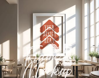 Cafe Wand Kunst Mockup: Weißer Rahmen, Sonnenlicht (PSD & PNG Digital Download)