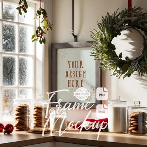 Christmas Kitchen Frame Mockup: Holiday Wall Art Display, Print Poster Mockup (PSD, PNG)