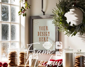 Christmas Kitchen Frame Mockup: Holiday Wall Art Display, Print Poster Mockup (PSD, PNG)