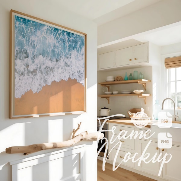Coastal Wall Art Mockup: Beach House Frame Horizontal Print Poster Mockup (PSD & PNG)