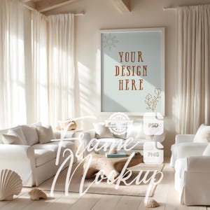 Frame Mockup Boho Living Room Beach House Mock Up Coastal House Wooden Frame Artwork Display Digital Print & Poster Mockup PSD PNG