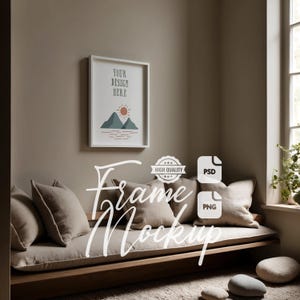 Wohnzimmer Rahmen Mockup Serene Zen Interior Weißer Rahmen Wand Kunst Mock Up Kunstwerk Display Digitaldruck & Poster Mockup PSD PNG