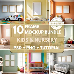 Kids Room Wall Art Mockup Bundle Set of 10 Nursery Frame Bundle PSD PNG Bundle Poster Mockup Artwork Digital Print Frame Mockup Bundle