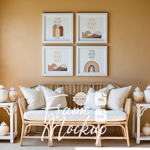 Beach House Frame Mockup Set of 4 Square Wall Art Showcase Square Frame Artwork Display Stock Photo Digital Print & Poster Mockup PSD PNG
