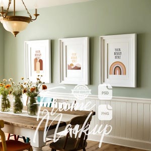 Wall Art Frame Mockup Set of 3 Farmhouse Dining Room Artwork Display White Vertical Frame Vintage Digital Print And Poster Mockup PSD