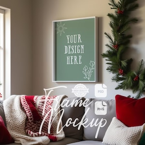 Christmas Frame Mockup Seasonal Decor Cozy Living Room Artwork Display For Vertical Wall Art Christmas Print Art & Poster Mockup PSD PNG