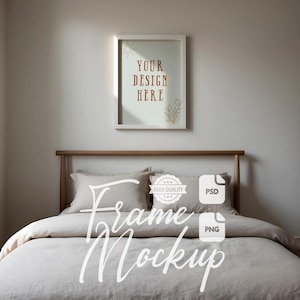 Minimalistischer Rahmen Mockup Serene Schlafzimmer Wand Kunst Mock Up Weißer Rahmen Stock Foto Kunstwerk Display Digitaldruck & Poster Mockup PSD PNG