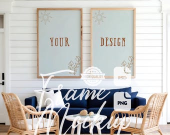 Set of 2 Coastal Frame Mockup: Beach House Living Room Poster Mockup (PSD, PNG)