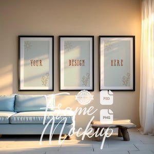 Vertical Beach House Living Room Frame Mock Up Set of 3 Coastal House Wooden White Frame Stock Photo Digital Print & Poster Mockup PSD PNG