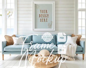 Vertical Beach House Living Room Frame Mock Up Coastal House Wooden White Frame Stock Photo Digital Print & Poster Mockup PSD
