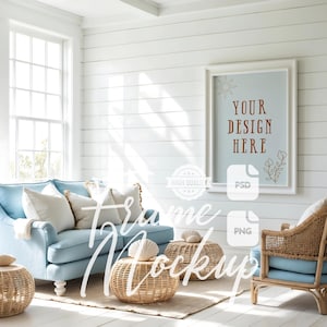 Frame Mockup Boho Beach House Living Room Beach House Mock Up Coastal House Wooden Frame Stock Photo Digital Print Poster Mockup PSD PNG