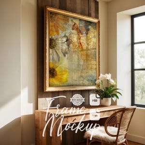 Vintage Wall Art Mockup Antique Style Art Display Gold Frame Rustic Desk Cozy Interior Digital Print Poster Mockup PSD PNG