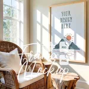 Vertical Beach House Frame Mockup Coastal House Living Room Corner Wooden White Frame Stock Photo Digital Print & Poster Mockup PSD PNG