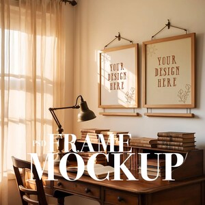 Rahmen Mockup 2er-Set Rustikaler Holzrahmen für Zuhause Büro Dekor Arbeitsplatz Grafik Display Digitaldruck Kunst Poster Vorlage Duo PSD PNG