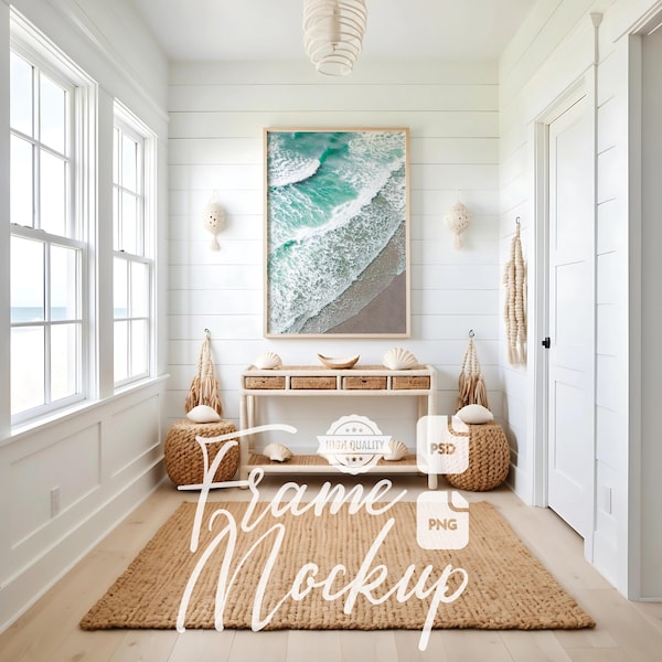 Coastal Entryway Frame Mockup: Beach House Wall Art Mockup, Print Poster Display (PSD, PNG)