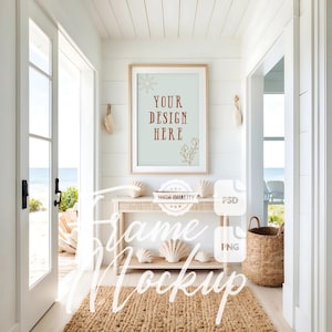 Beach House Frame Mockup Coastal House Entryway Wooden Frame Artwork Display Stock Photo Digital Print & Poster Mockup PSD PNG