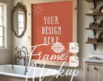 Puede incluir: Una maqueta de marco de madera con un fondo naranja claro. El marco está colgado en una pared blanca en un baño. El texto "YOUR DESIGN HERE" está escrito en blanco sobre el fondo. El marco está rodeado por un borde blanco.