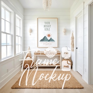Beach House Frame Mockup Boho Beach House Entryway Mockup Coastal House Wooden Frame Stock Photo Digital Print & Poster Mock Up PSD PNG