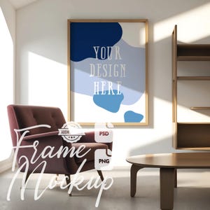 Modern Frame Mockup Mid-Century Living Room Decor Wooden Frame Vertical Wall Art Mockup Artwork Display Print & Poster Mockup PSD PNG