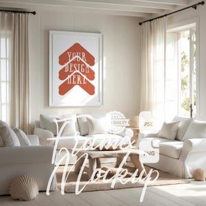 Living Room Wall Art Mockup Boho Beach House Frame Mock Up Coastal House Wooden Frame Artwork Display Digital Print & Poster Mockup PSD PNG