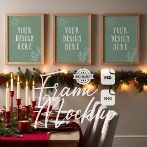 Christmas Frame Mockup Set of 3 Festive Dining Room Vertical Wall Art Display New Year Decor Christmas Print Art & Poster Mockup PSD PNG