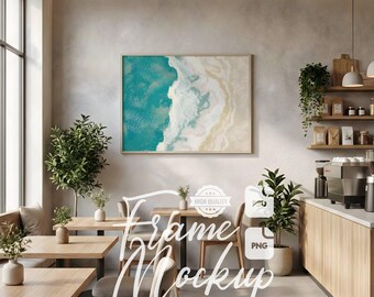 Horizontal Frame Mockup Modern Coffee Shop Commercial Interior, 3:4 Ratio Wall Art Display PSD PNG