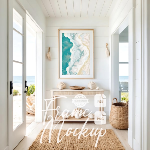 Beach House Frame Mockup Coastal House Entryway Wooden Frame Artwork Display Stock Photo Digital Print & Poster Mockup PSD PNG