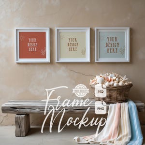 Square Frame Mockup Set of 3 Coastal Wall Art Showcase White Frame Artwork Display Beach House Digital Print & Poster Mockup PSD PNG